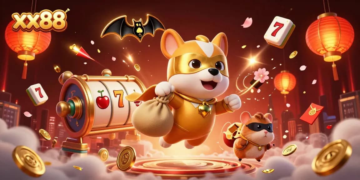 Experience exhilarating gaming with xx88's lively cartoon heroes amidst vibrant casino elements.