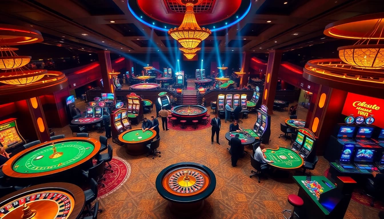 Exciting scene from the trang chủ hubet showcasing vibrant casino tables with players and dealers engaged in lively gambling.