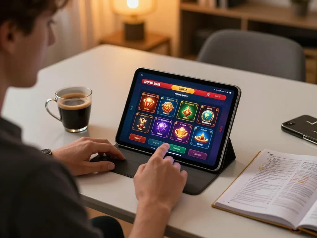 Engaging with KP88 đăng nhập on a tablet in a cozy home setting while enjoying a coffee and notes.