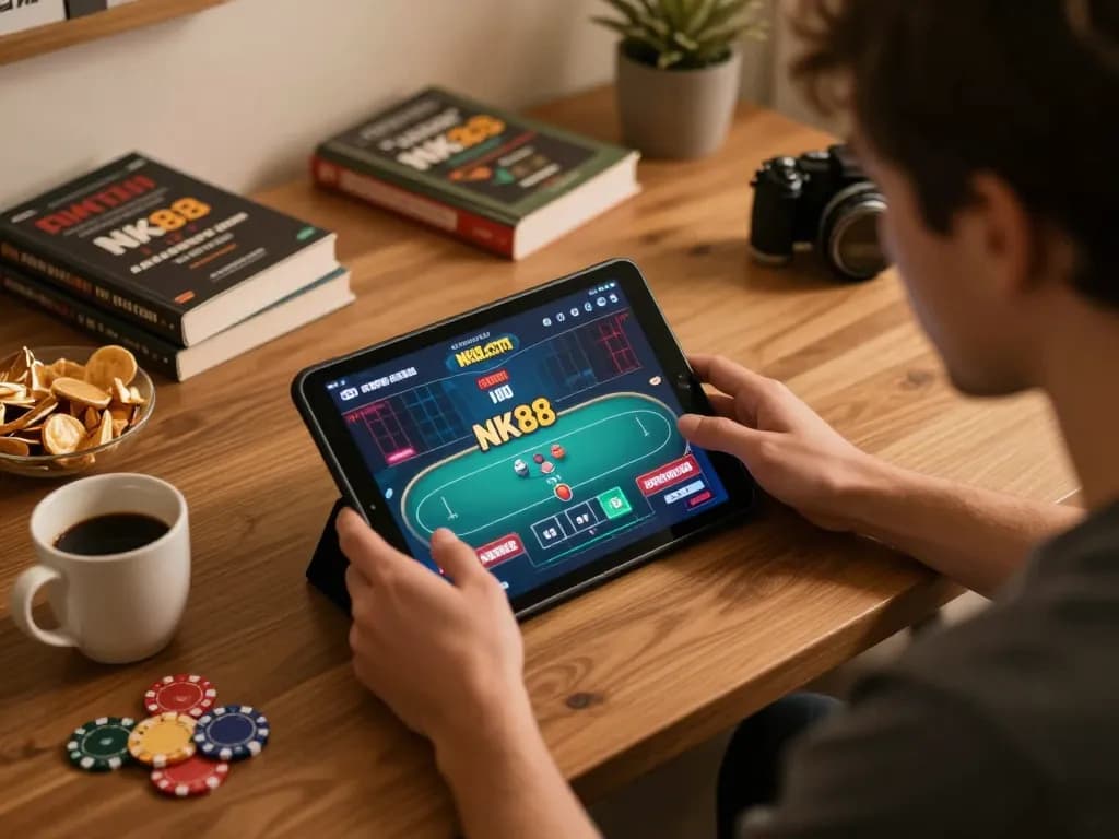 Engaged player strategizing on NK88.com poker game from home with snacks and drinks.