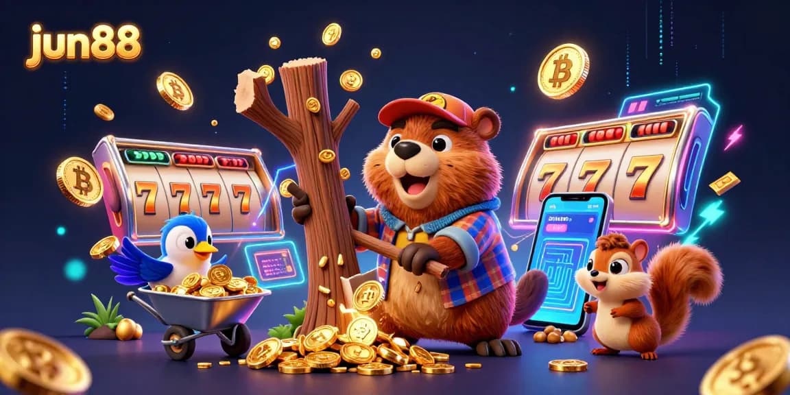 Experience thrilling gaming action at jun88 with cartoon characters enjoying slots amidst flying coins.