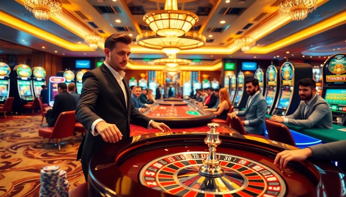 THABET players enjoying a thrilling casino scene with roulette and poker tables.