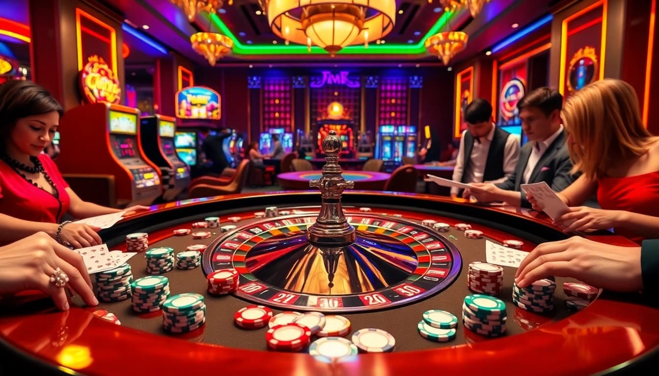 Experience thrilling betting at https://8kbet.insure/ featuring poker chips and a lively roulette table.