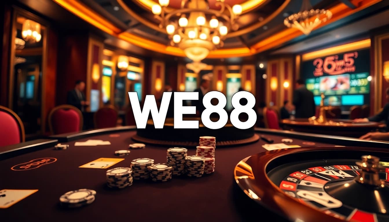 WE88 logo showcased on a vibrant casino table with chips and cards in an exciting atmosphere.