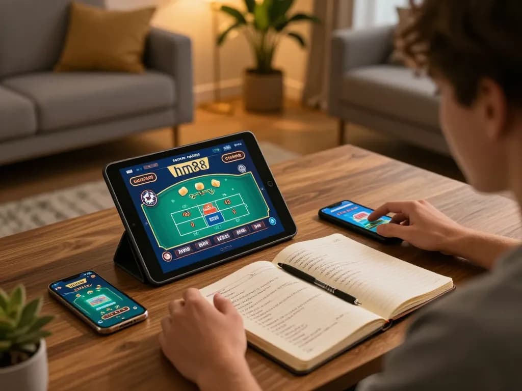 Engaging with hm88 casino app on tablet, showcasing live dealer game interface in a cozy setting.