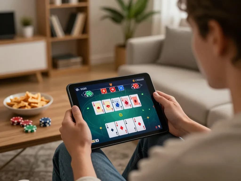 Play online poker at https://9bet9.in.net, person enjoying gaming on a tablet in a cozy living room.