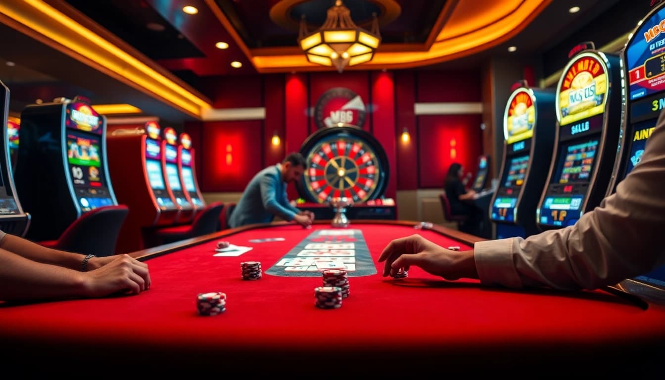 Play thrilling games at MB66 with an exciting casino atmosphere featuring poker tables and vibrant slots.