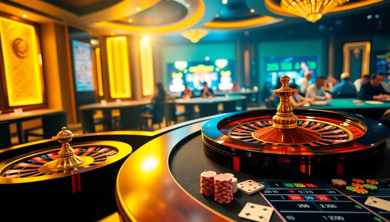High-stakes gambling at nhà cái u888's luxurious casino tables, featuring roulette and card games.