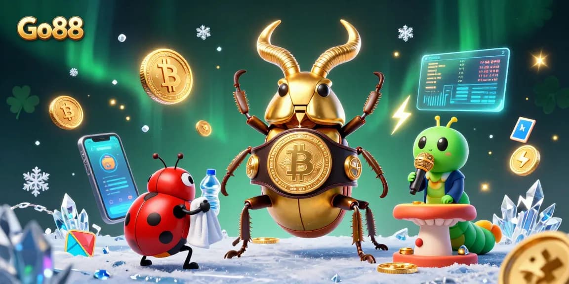 Engage with Go88's gaming experience featuring a dynamic scene of characters and crypto elements.