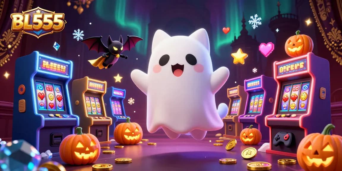 Experience thrilling gaming at BL555 with a friendly ghost cat and bat companion in a haunted casino.