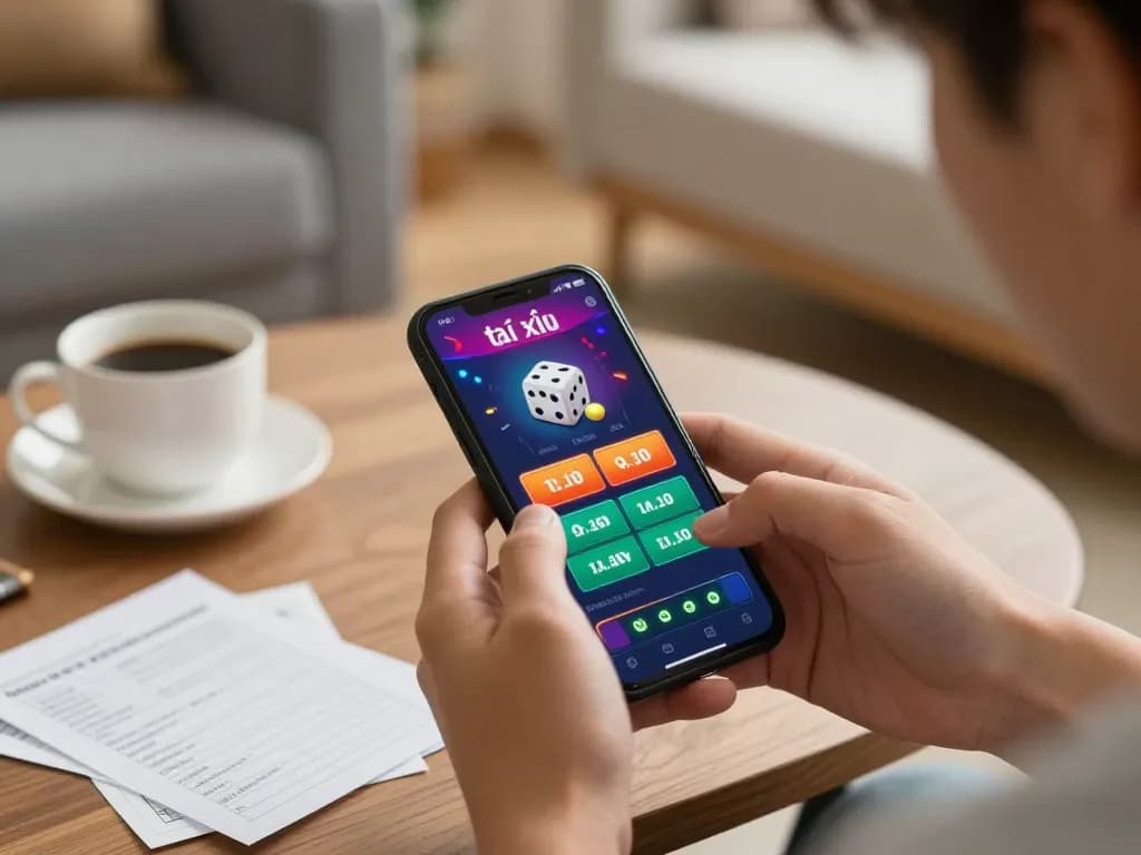 Tai xiu online uy tín gameplay on smartphone with vibrant graphics and strategic notes in cozy setting
