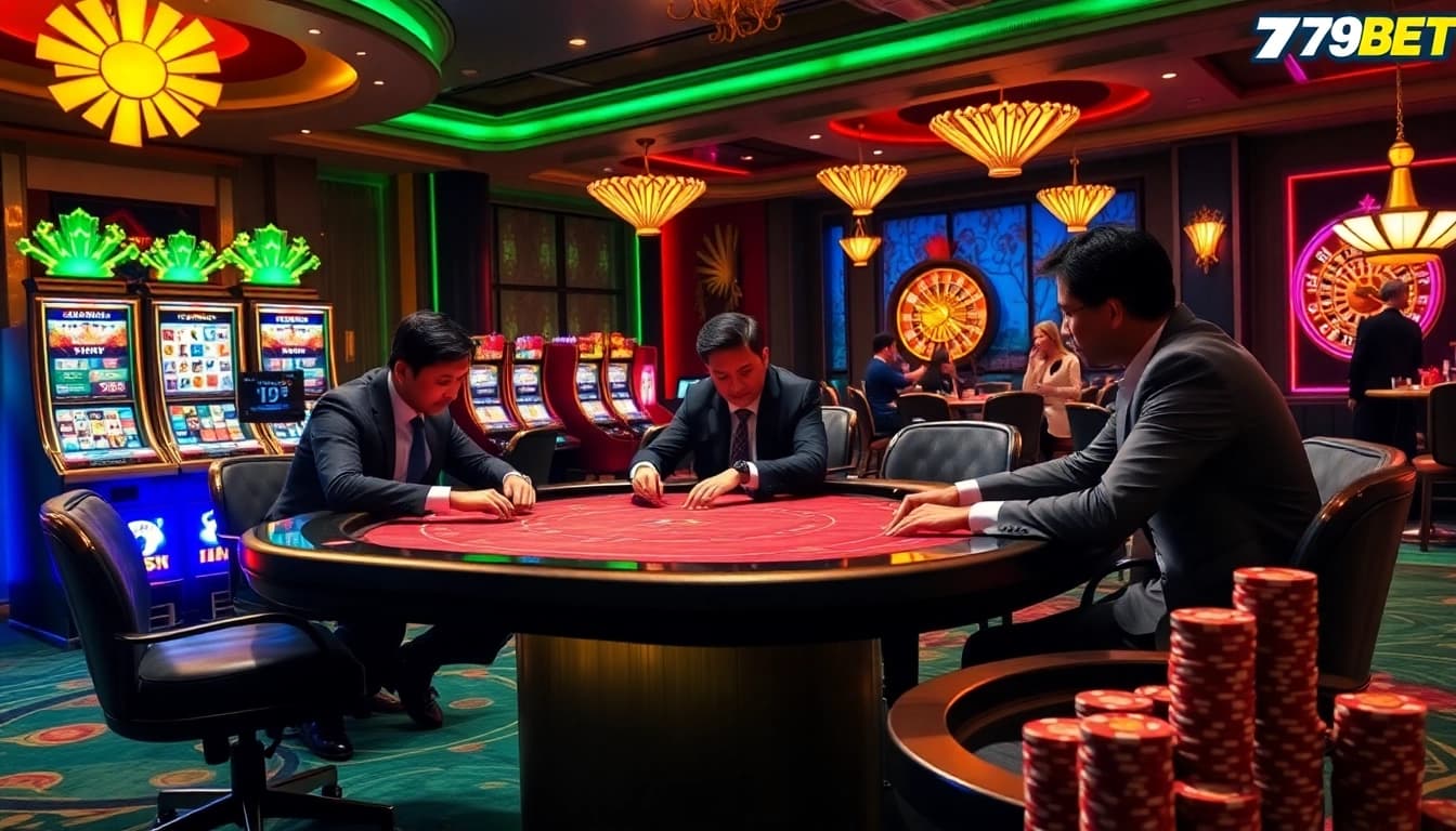 Exciting casino gameplay at 789BET with poker tables, chips, and roulette.