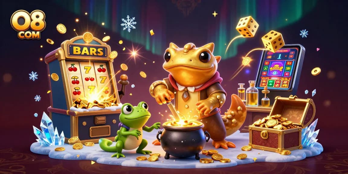 Experience excitement at O8 COM with themed characters and casino elements in a vibrant 3D scene.