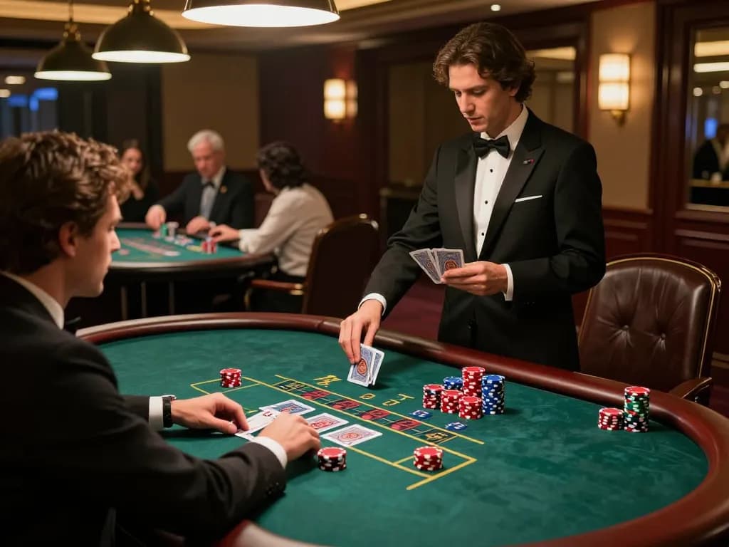 33win blackjack scene with player betting red chips, dealer managing excitement around an elegant table.