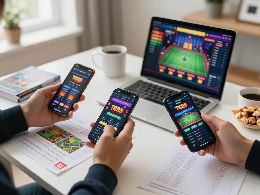 Tg88 app displayed on smartphone during an engaging online gaming session in a cozy home office