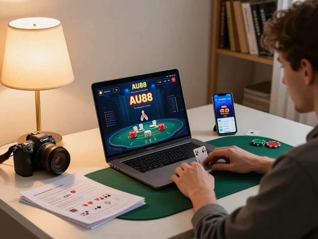 Engaged player using AU88 app on laptop, surrounded by betting notes and coffee.