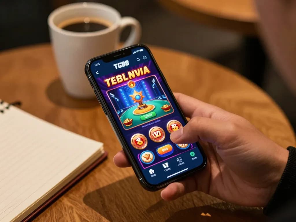 Player engaging with the TG88 app, highlighting mobile gaming experience in a cozy setting.