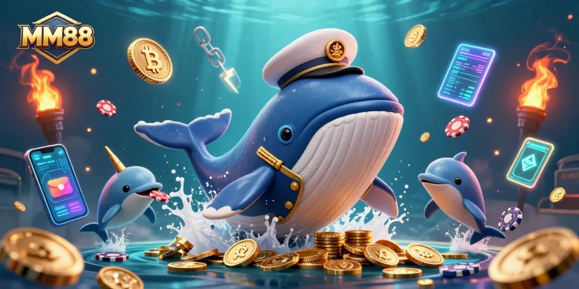 Engage in MM88's exciting casino experience with a vibrant, dynamic 3D scene of a whale and companions.