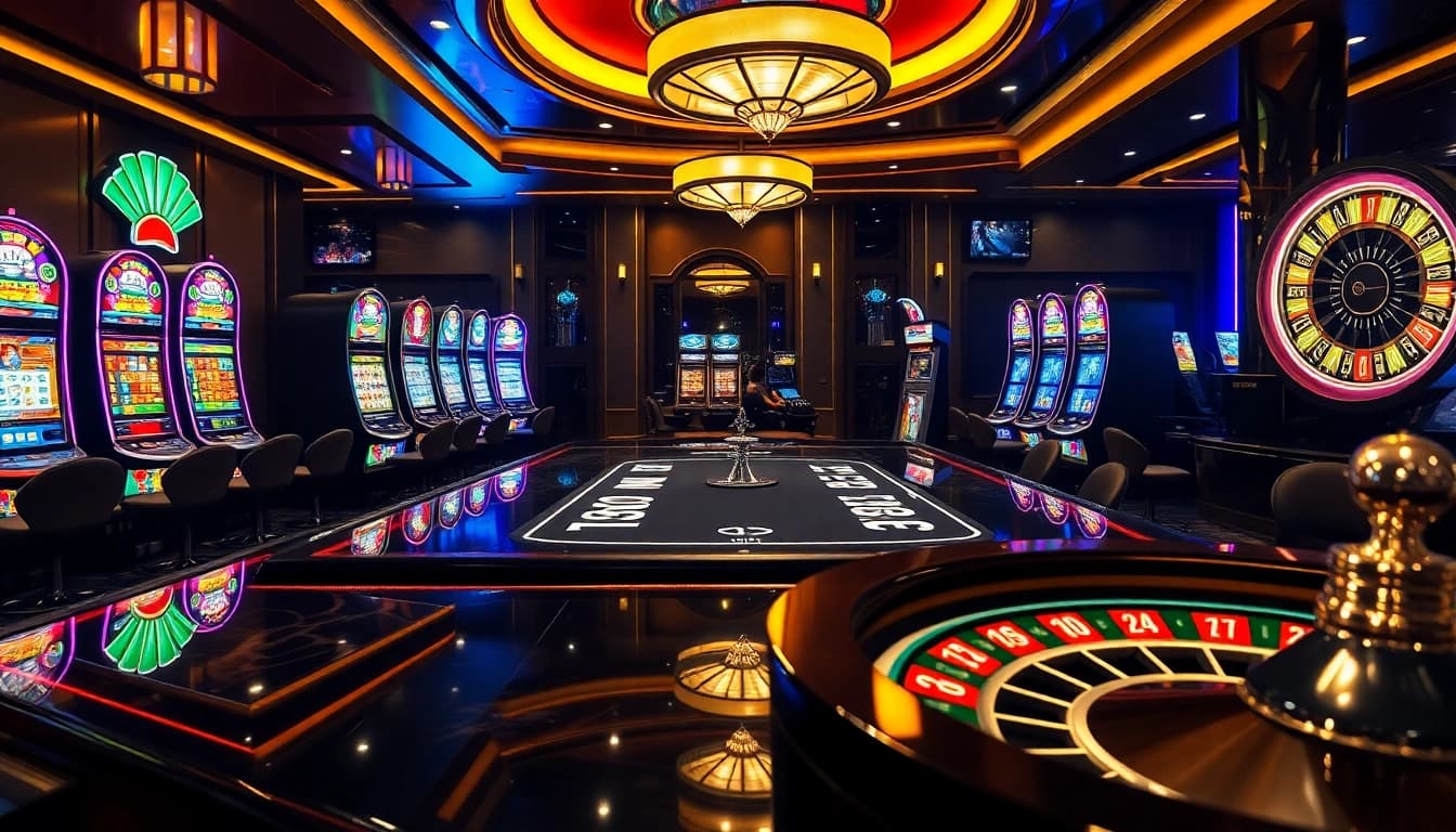 Engaging players at https://c168.sh/ assess bets at an elegant poker table within a vibrant casino.