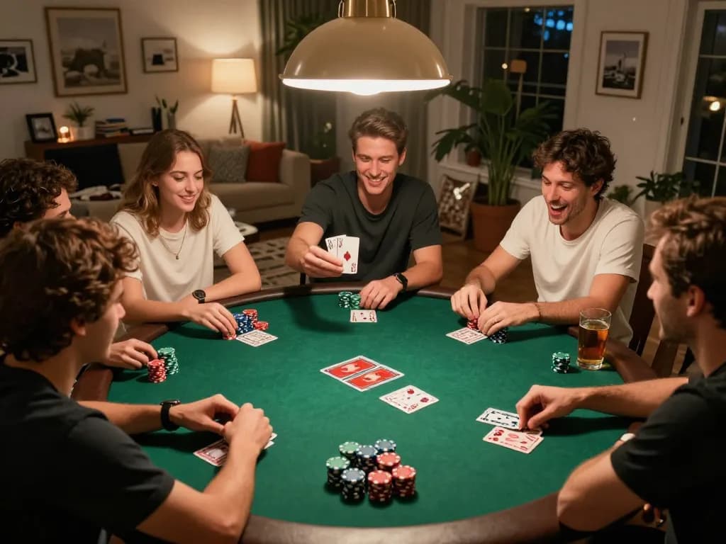 Friends enjoying a thrilling poker night at home, showcasing chips and winning hands with 888NOW for a competitive atmosphere