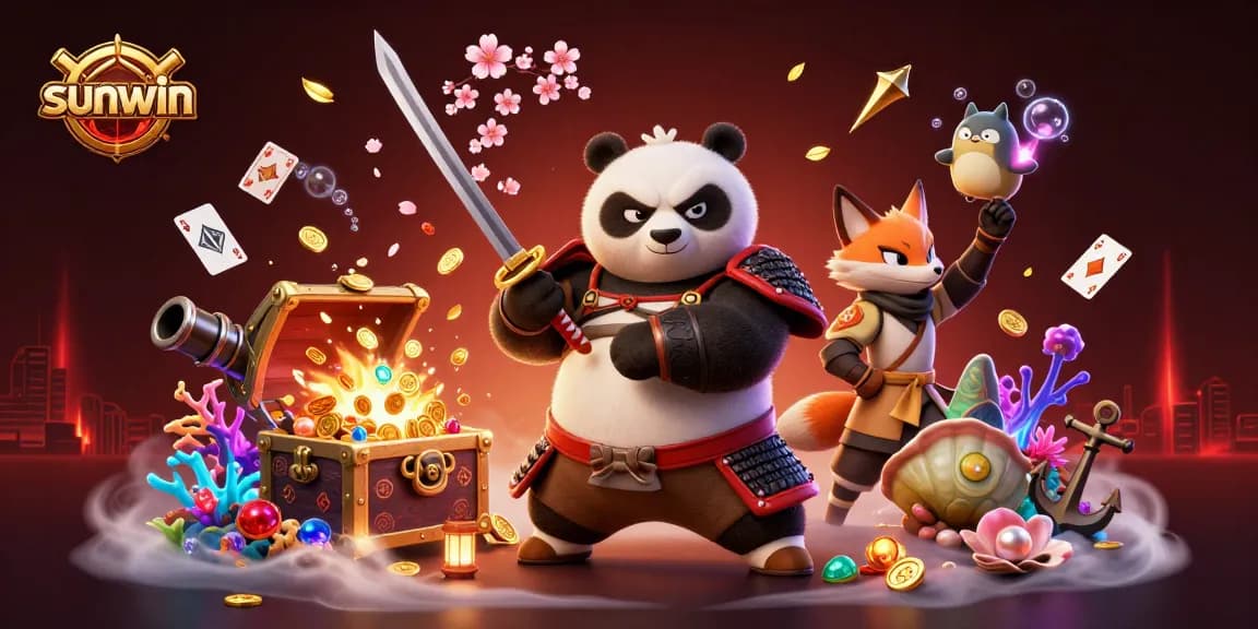 Engage with sunwin's vibrant games featuring a fierce samurai panda and ninja fox in a lively casino scene.