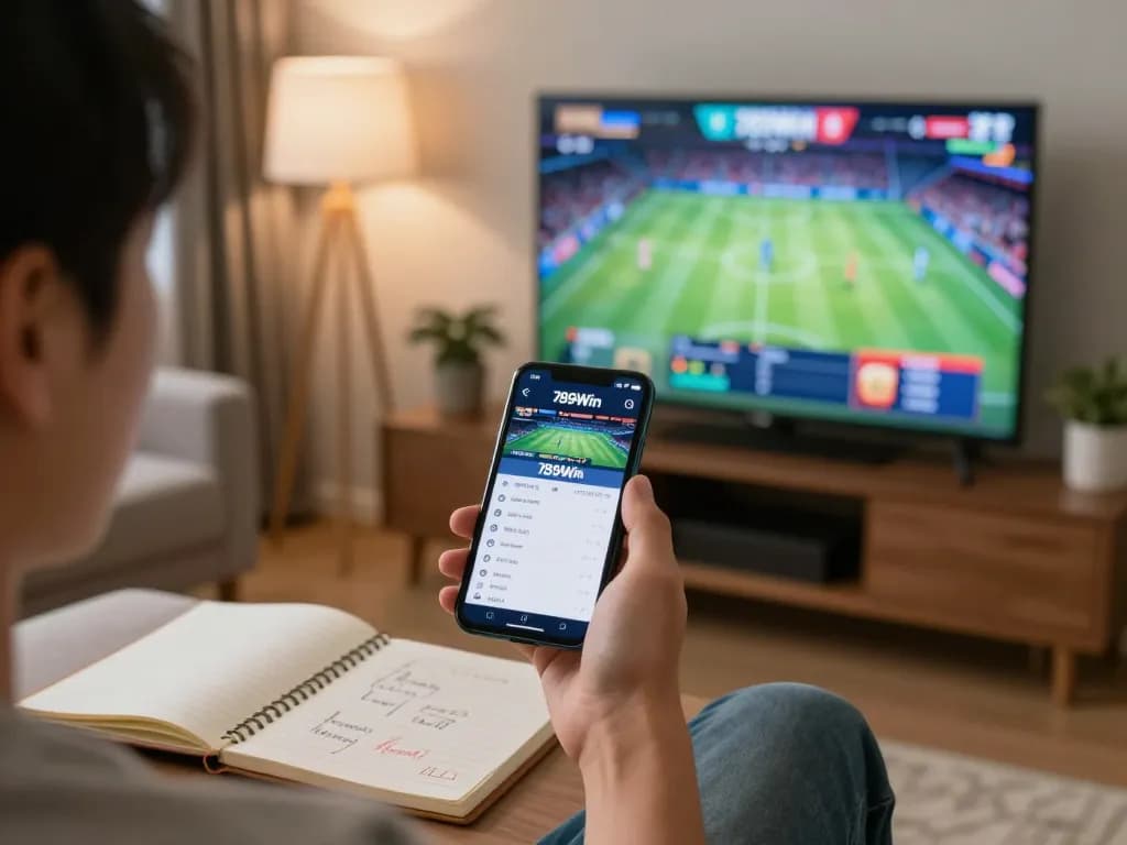 Betting on 789Win using a smartphone in a cozy living room setting with sports highlights on TV
