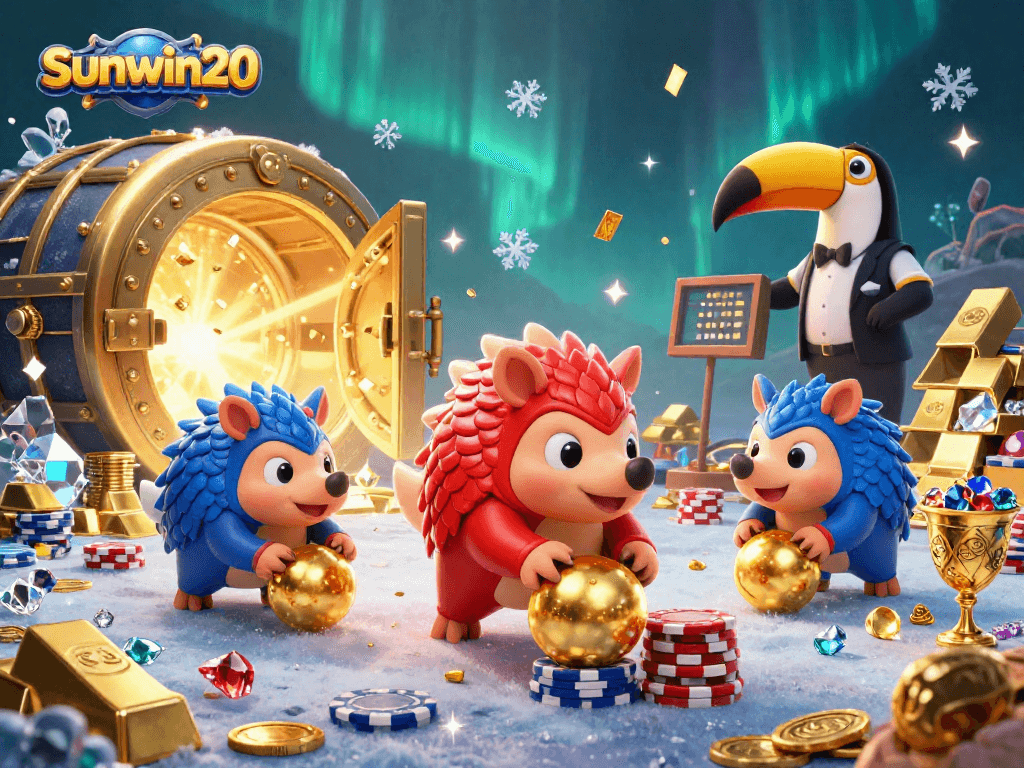 Compete in thrilling games at sunwin20, featuring vibrant pangolins and poker chips amidst treasure!