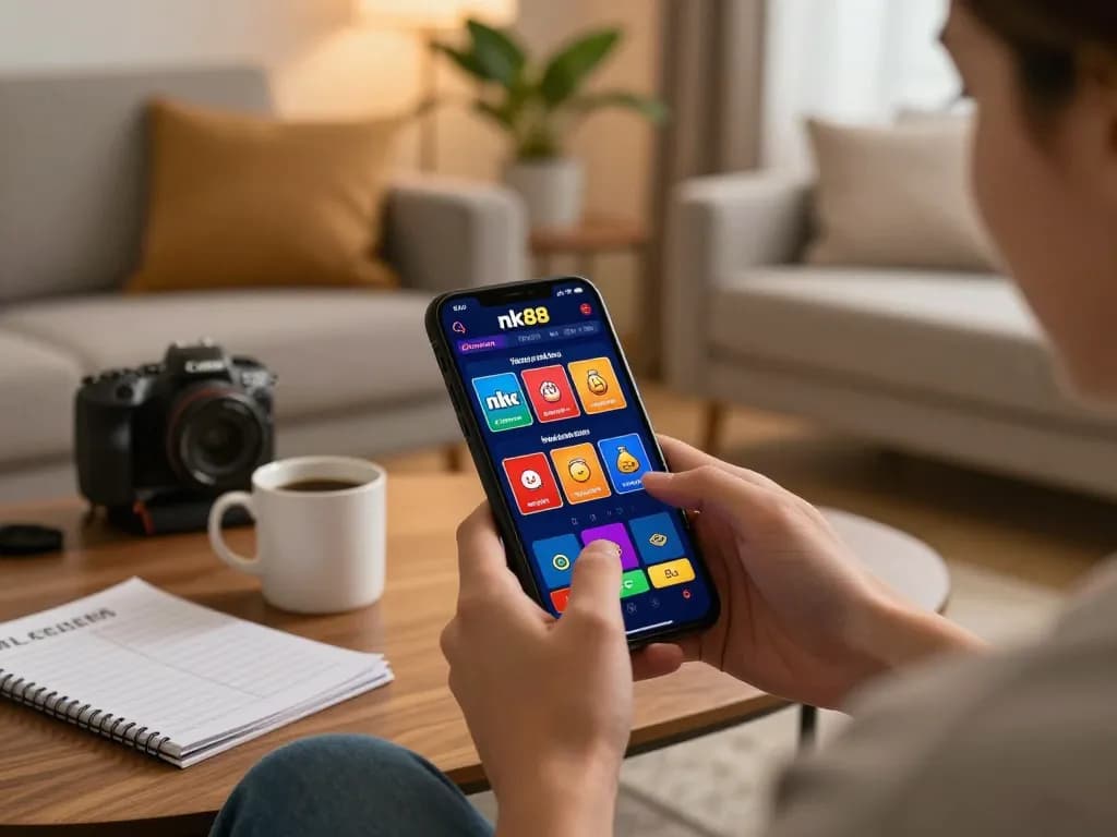 Engaging with the nk88 mobile casino app in a cozy home setting.