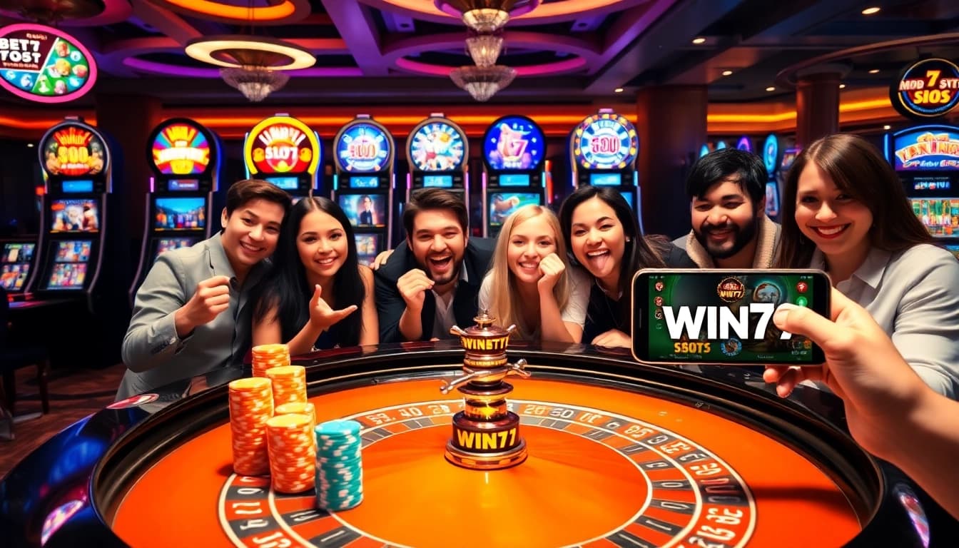 Win79 casino scene showcasing players at a roulette table enjoying high stakes gambling.