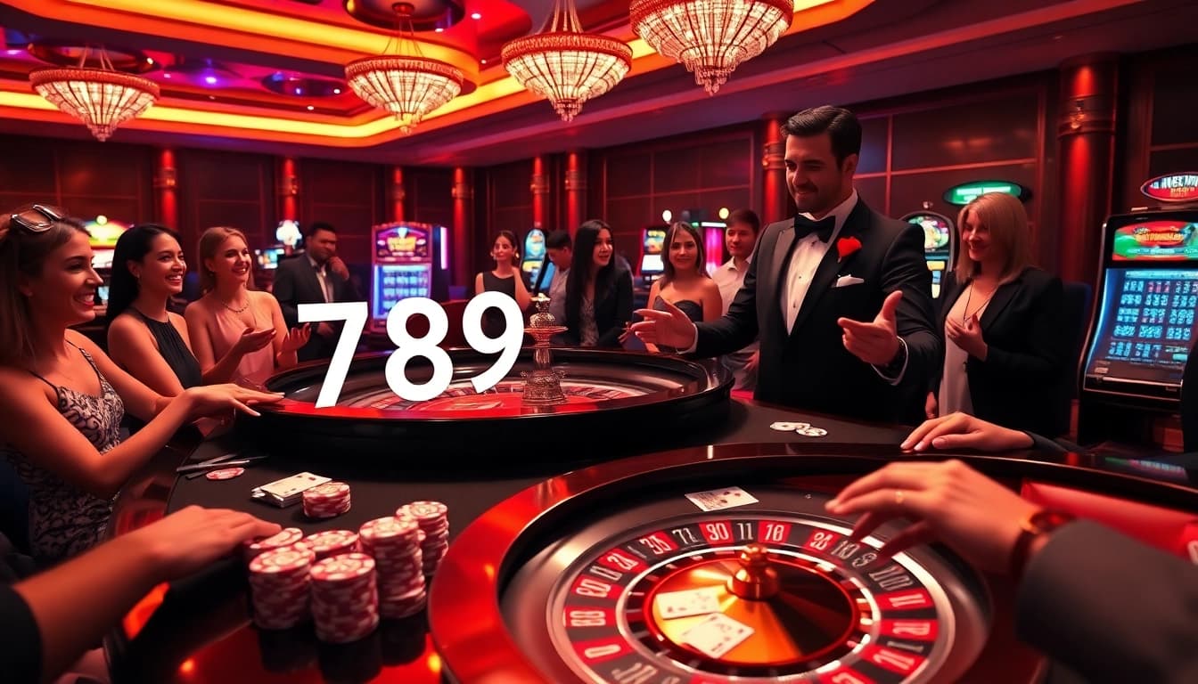 Experience the thrill of gambling with 789P30 at a vibrant casino featuring a roulette table and excited players.