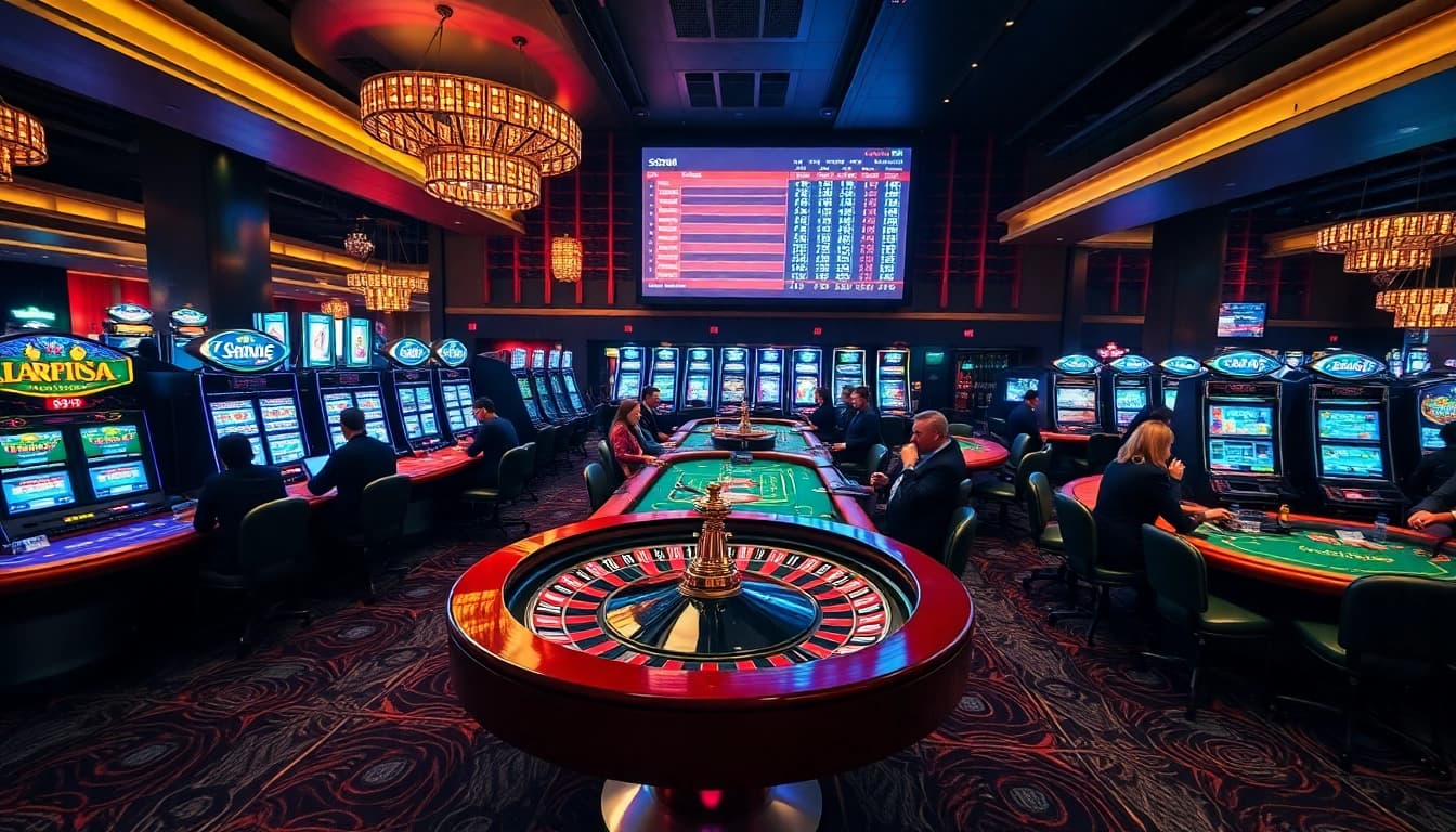 SODO Casino players enjoying an exciting poker game amidst luxurious gaming tables and vibrant slot machines.