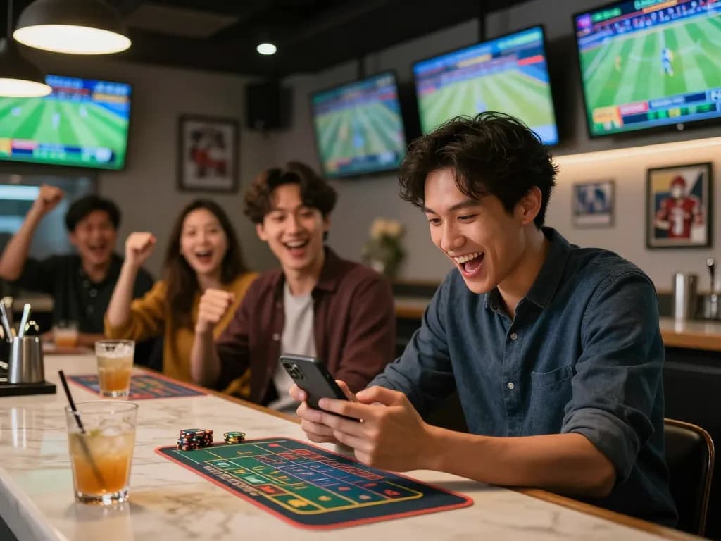 Exciting moment at RR 88 as a player places a bet on a smartphone in a vibrant sports bar.