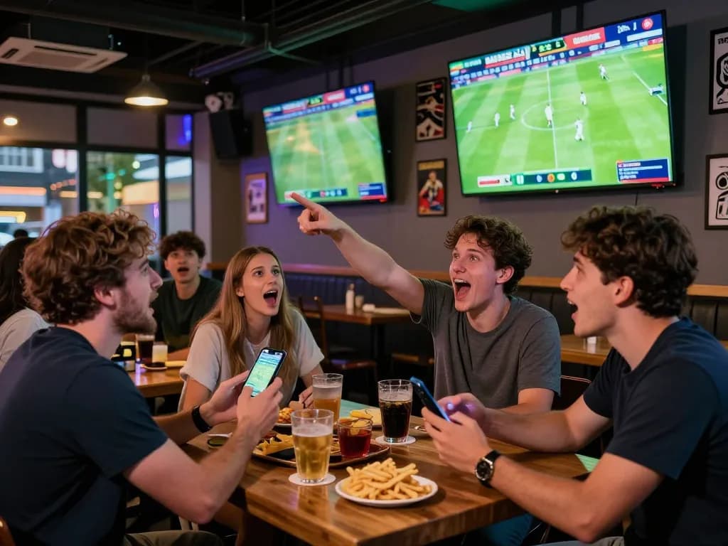 Excited friends watching keo nha cai odds during a live football match in a vibrant sports bar.
