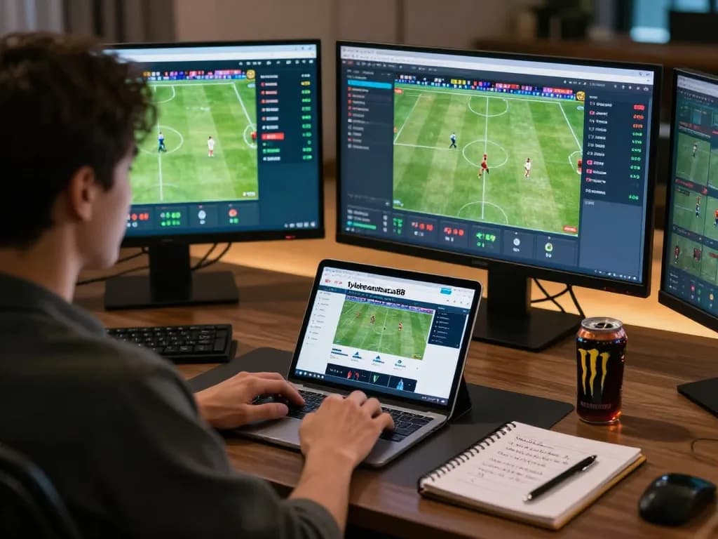 Engaged bettor reviewing live odds on tylekeonhacai88 website, showcasing strategic sports betting setup.