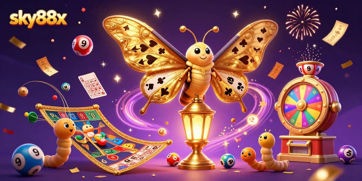 Engage with the exciting world of sky88x featuring vibrant lottery designs and golden casino elements.