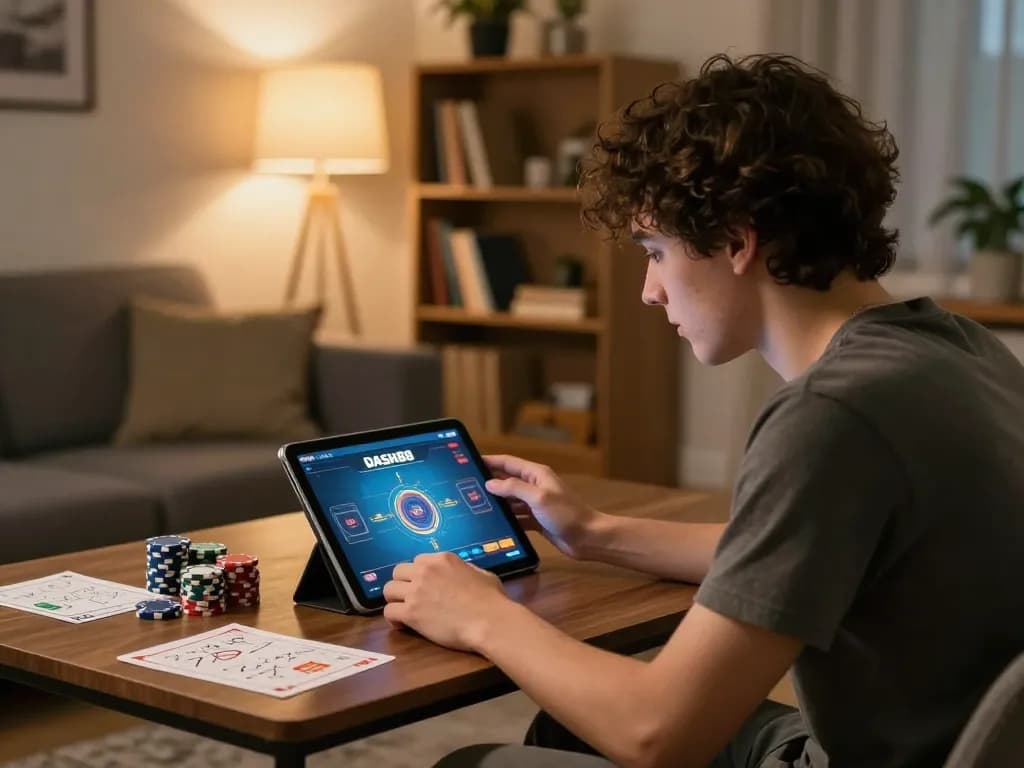 Player engaging in dash88 online gaming on tablet in a cozy home setting with strategy notes visible.