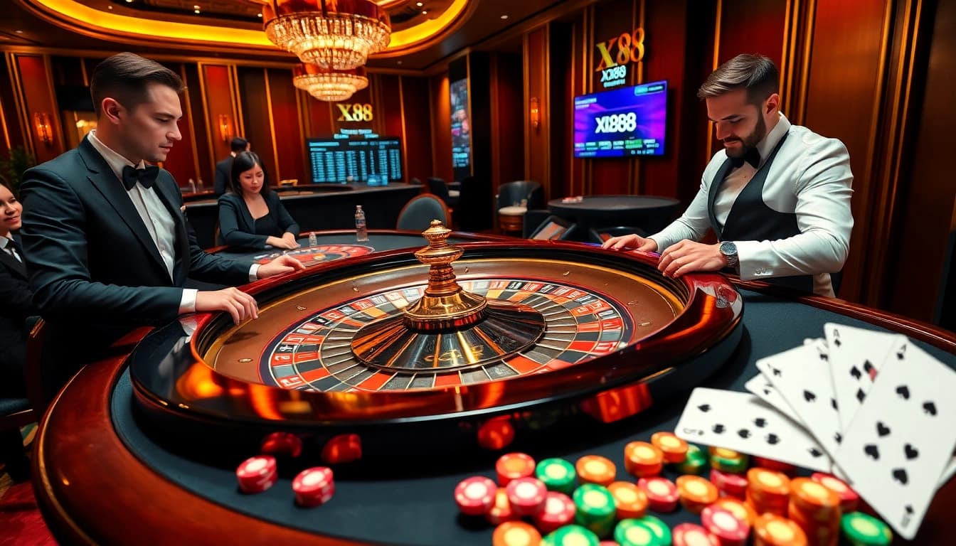 Players enjoying a thrilling game at the XX88 casino with dice, roulette, and vibrant chips.