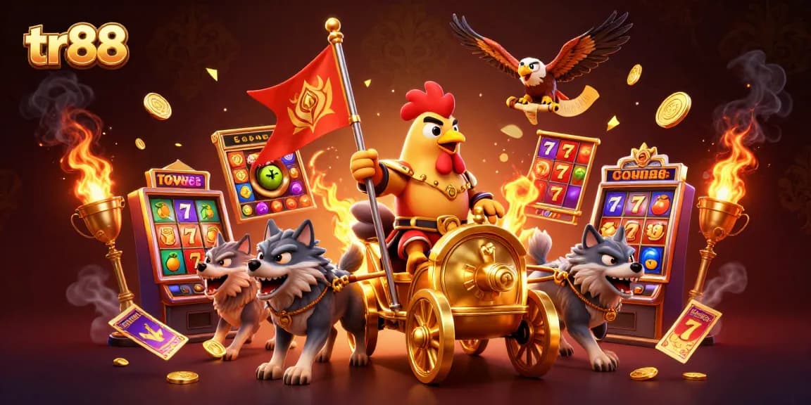 Experience the thrill of games at tr88, where vibrant slot reels and golden trophies create excitement.