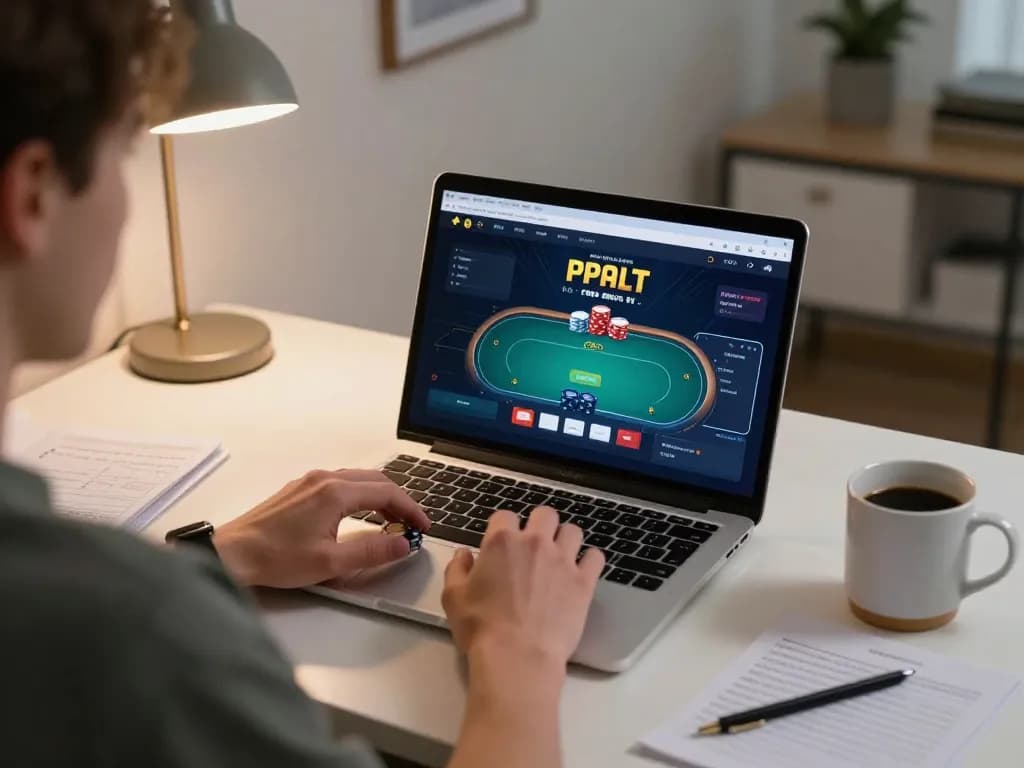 Xocdia88 online poker gameplay, emphasizing strategic betting in a cozy home office.
