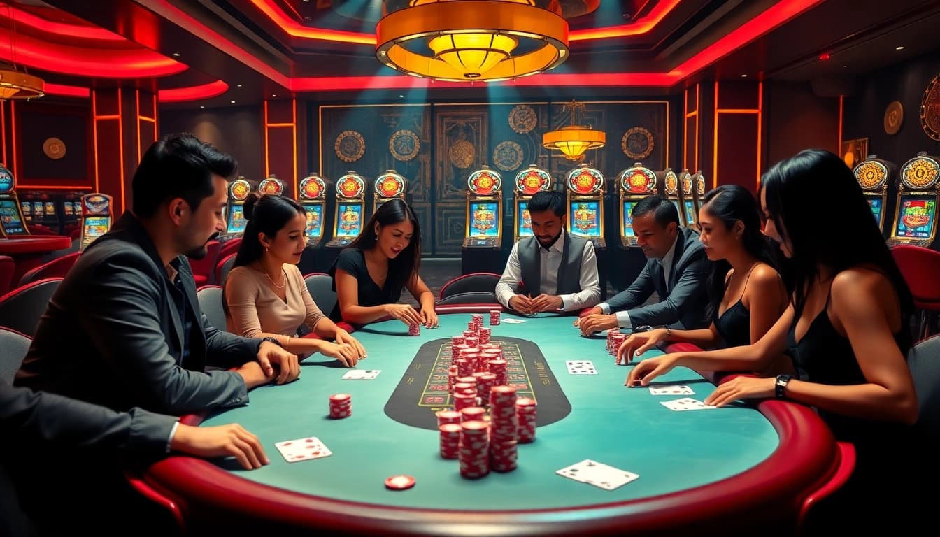 Mubet poker players at a luxurious casino table, surrounded by roulette and slot machines.
