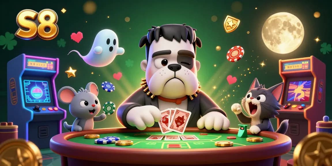 Engage with S8's whimsical casino scene featuring a Frankenstein bulldog dealing cards surrounded by colorful gaming elements.