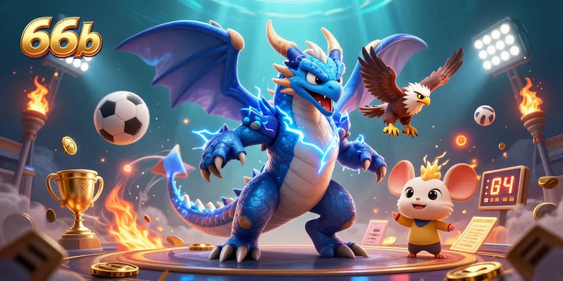 Engage with 66b, as a thrilling cartoon thunder dragon and sports elements electrify the casino scene.