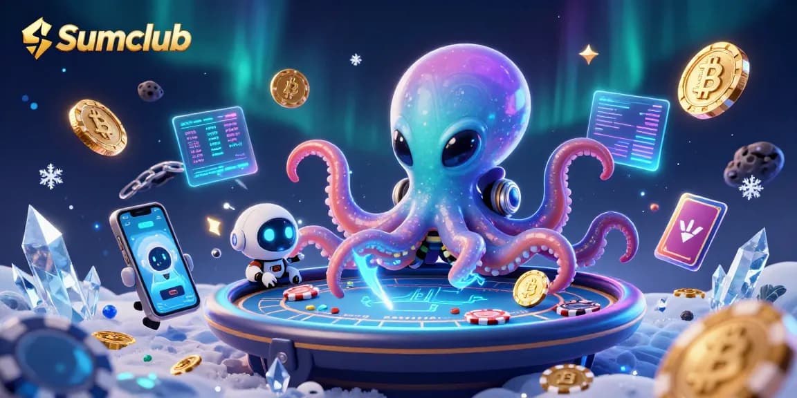 Engage with Sumclub's dynamic gaming universe featuring an octopus and robot at a poker table.