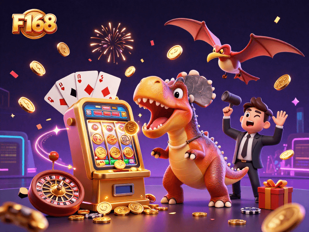 F168 showcases a dynamic casino scene with a pachycephalosaurus winning jackpot coins while colorful slot game elements explode around it.