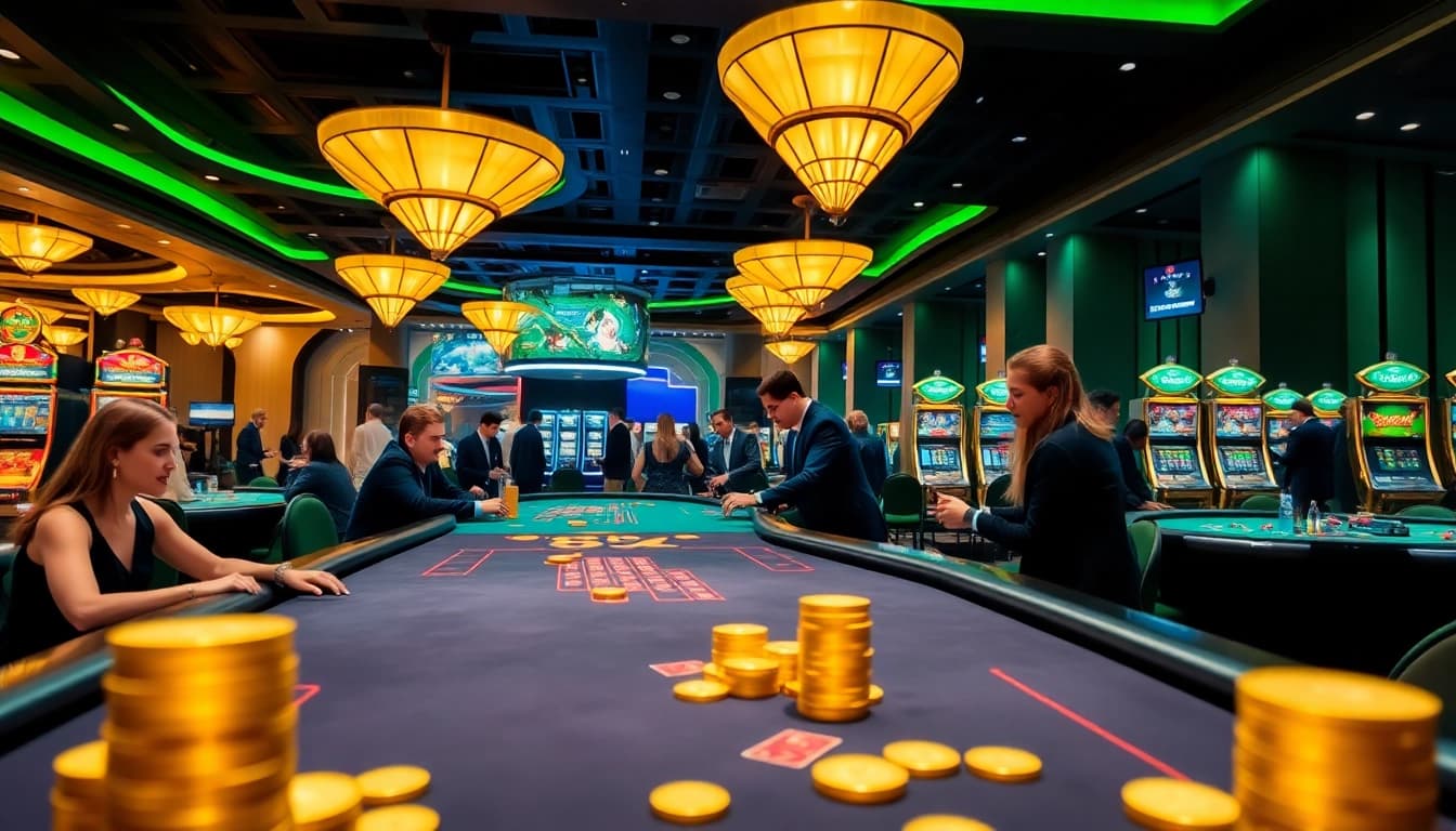 B52 casino scene showcasing exciting gambling action at vibrant poker tables and slot machines.