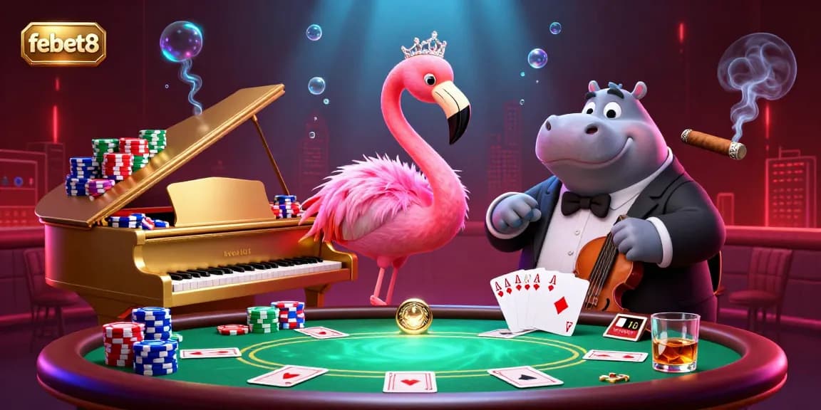 Engage in exciting poker games at febet8 with a vibrant casino scene featuring lively characters and dynamic elements.