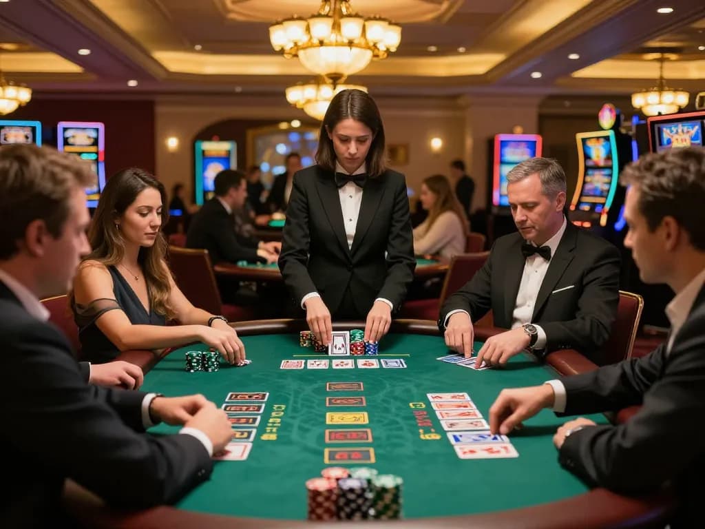 Players engaging in strategic blackjack gameplay at 88aa casino table under warm chandelier lighting.