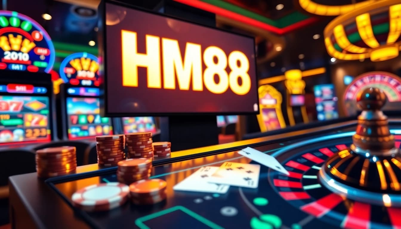 Engaging HM88 digital betting terminal with spinning roulette and vibrant poker chips in casino