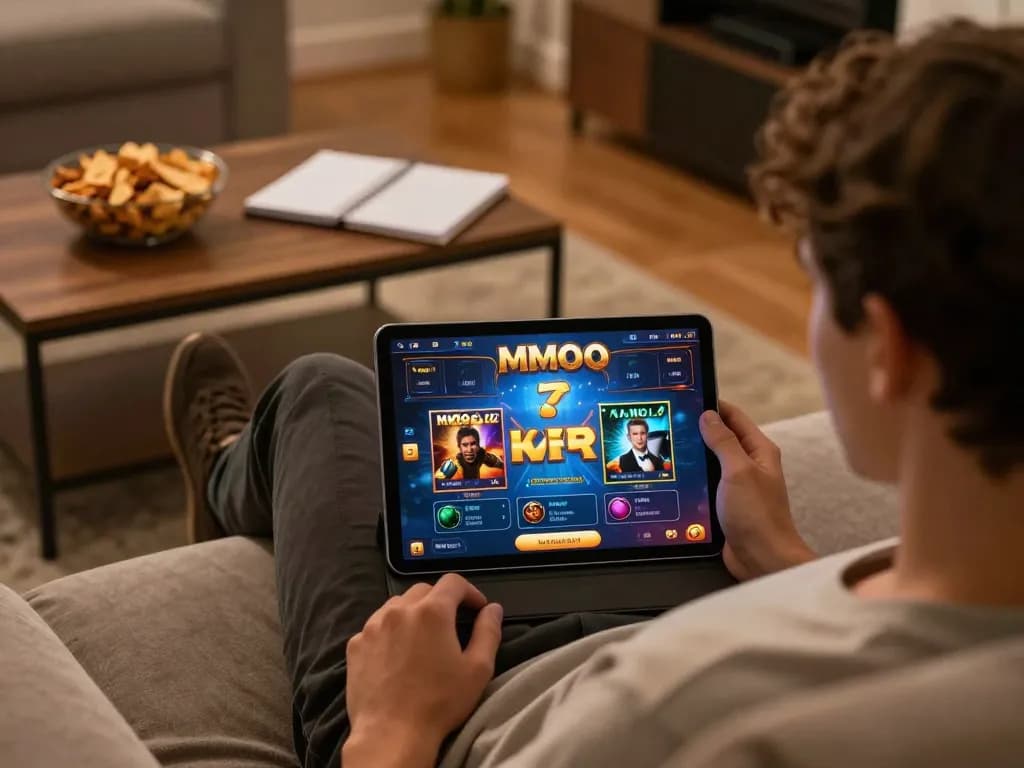 Engaging with MMOO online casino on a tablet, surrounded by a cozy home atmosphere, showcasing leisure gaming.