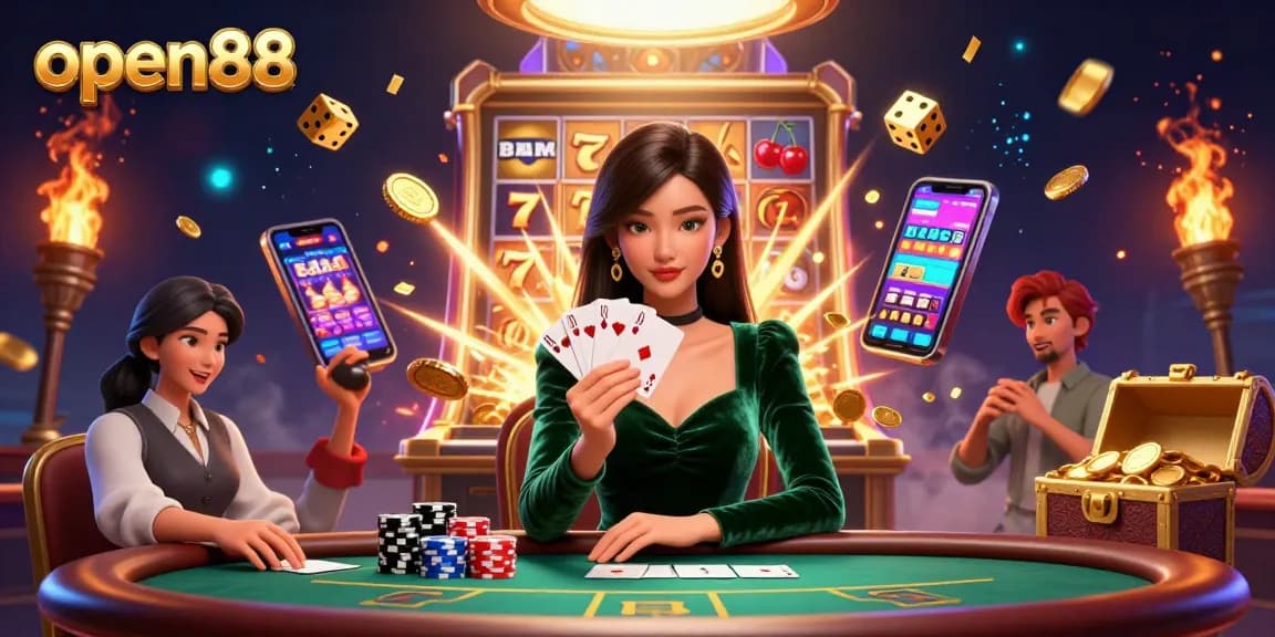 Engage in high-stakes gameplay at open88, featuring a stunning poker scene with dynamic slot machine elements.